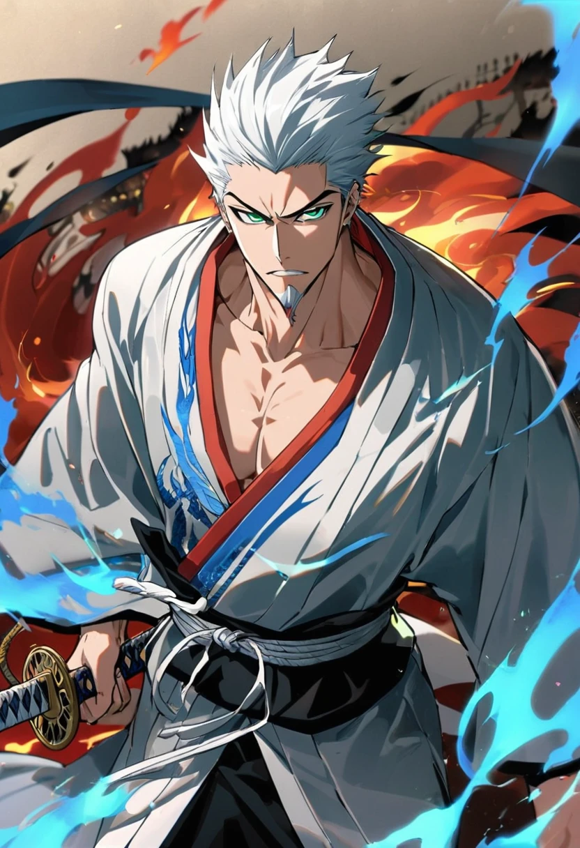 ung boy, male focus, details Intricate, 1 men, bonitas, White hair, vibrant green eyes, slim muscles, アニメ, 19yearsold, 19 years, a small goatee, kimono de Shinigami, Shinigami, bleach style, bleach, regatta, kimono, bleach, bleach style, katana ( uma katana afiada e longa coberta por Blue flames) , blue flames, Blue flames, katana longa, powerful katana (attacking enemies with your katana making cuts with your flames).