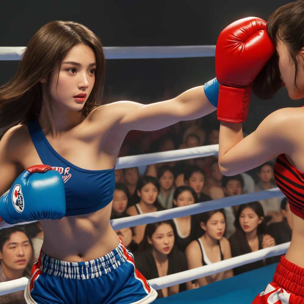 ((best qualityer)), ((tmasterpiece)), (A detailed:1.4), . .。.3D,Chinese female model ,Portrait of a beautiful cyberpunk woman, hdr (HighDynamicRange),2girls,High-res,Unreal 5,Subsurface scattering,PBR textures,post-proces,Anisotropic filtering,Deep depth of field,Maximum Sharpness and Clarity,Many-Layer Textures,Albedo and specular maps,Surface Coloring,Accurate simulation of light-material interaction,perfectly proportions,Plump breasts，octanerender,Two-tone lighting,Wide aperture, Low ISO, It's raining,Rule of thirds, 8K raw data,Sexy,.,Lifelike,sport,boxing gloves,Combat action,Boxing ring,Sweat,Wet shirt,Fight,Wound,Storm,Sting,