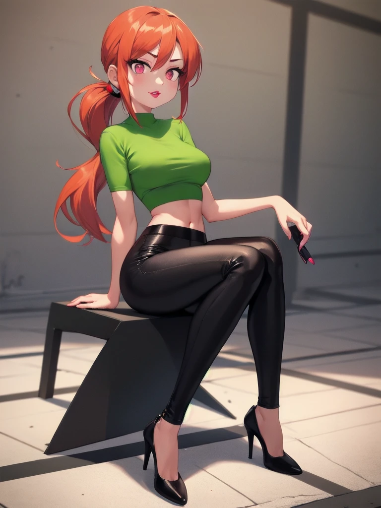  wide hips, thighs, Vicky, ponytail, lipstick, midriff, 1girl, green crop top, pink eyes, black pants, orange hair. solo girl, sitting, crossing legs, high heels