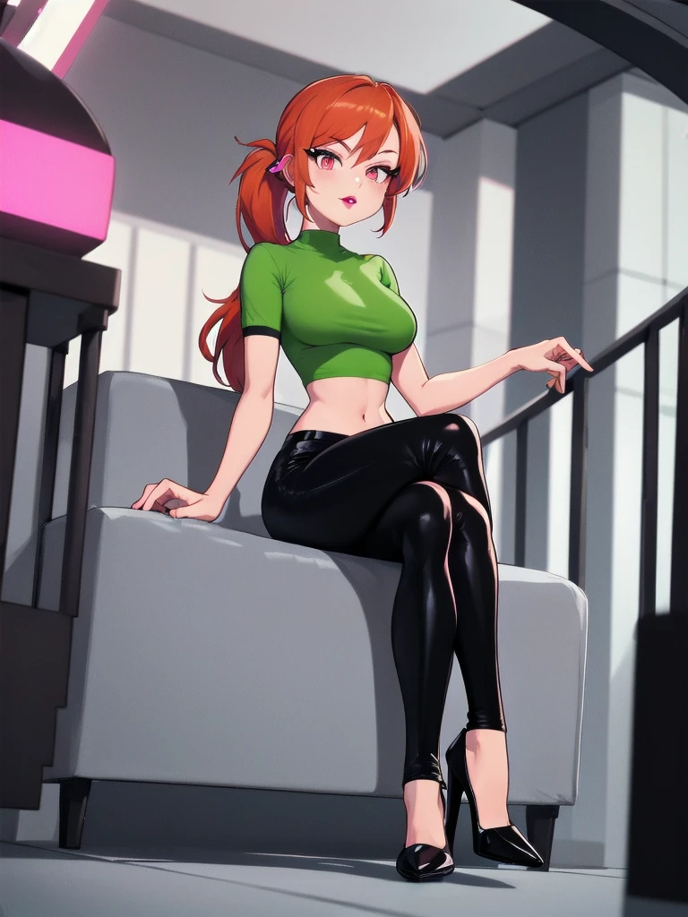  wide hips, thighs, Vicky, ponytail, lipstick, midriff, 1girl, green crop top, pink eyes, black pants, orange hair. solo girl, sitting, crossing legs, high heels