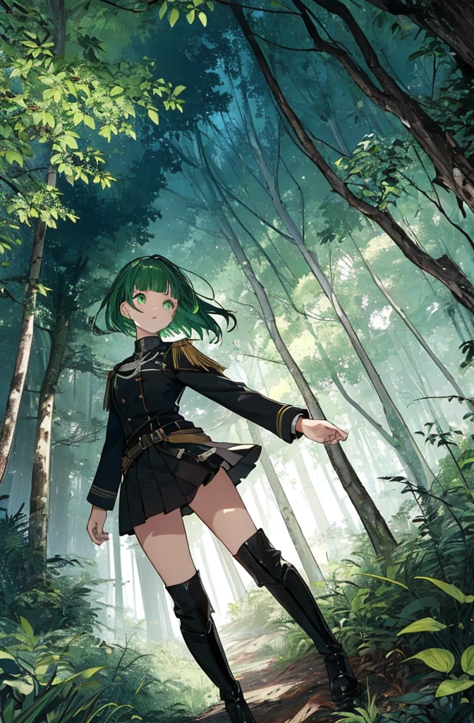 [(green hill background:1.4)::5],original,(shape:1.1),(highest quality),(Tabletop:1.1),(Highly detailed CG Unity 8k wallpaper:1.1), (colorful:0.9),(Mid Shot:0.95),(very detailed beautiful whole body),Dynamic Angle,(alone:1.2), (girl),(((Adult))), (Beautiful eyes in every detail:1.15), (Beautiful Face:1.15), (Glowing green eyes:1.25////),(Gemstone Eyes),(Green Short Hair),(Blunt bangs),((The girl wear a black knight uniform)),Realistic,, girl,Green Hair,((Black long boots)), Black mini skirt,Black knee socks(rage),(Contempt and contempt),rage,(beautiful slender girl),((Adult)),((whole body)),Valkyrie, Decorations,((Thin legs)),((slender girl)),Front Angle,Front Angle,Forest elevation,night,Forest elevation,Forest elevation,standing,Looking down from a high point in the forest,