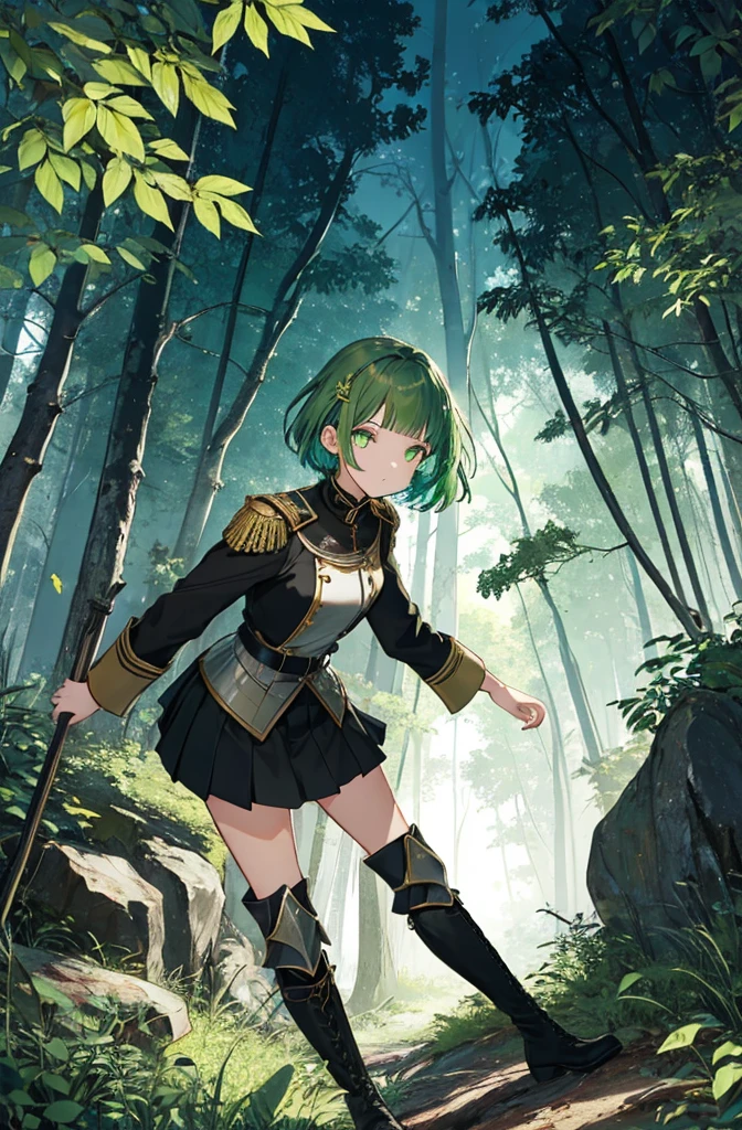 [(green hill background:1.4)::5],original,(shape:1.1),(highest quality),(Tabletop:1.1),(Highly detailed CG Unity 8k wallpaper:1.1), (colorful:0.9),(Mid Shot:0.95),(very detailed beautiful whole body),Dynamic Angle,(alone:1.2), (girl),(((Adult))), (Beautiful eyes in every detail:1.15), (Beautiful Face:1.15), (Glowing green eyes:1.25////),(Gemstone Eyes),(Green Short Hair),(Blunt bangs),((The girl wear a black knight uniform)),Realistic,, girl,Green Hair,((Black long boots)), Black mini skirt,Black knee socks(rage),(Contempt and contempt),rage,(beautiful slender girl),((Adult)),((whole body)),Valkyrie, Decorations,((Thin legs)),((slender girl)),Front Angle,Front Angle,Forest elevation,night,Forest elevation,Forest elevation,standing,Looking down from a high point in the forest,