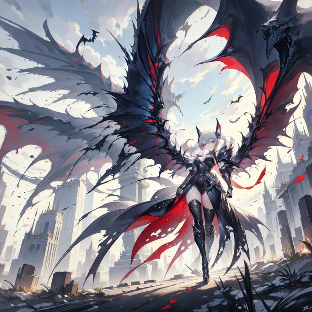 (masterpiece, Highest quality), (Perfect athletic body:1.2), (Fine hair), Very detailed, Anime Style, whole body, alone, Cyberpunk Batgirl, In Cyber Kimono, Big Wings, bat ears, White hair and brown skin, high boots, Standing in the Wilderness, High heel boots, 8K high resolution, White Background, whole body,