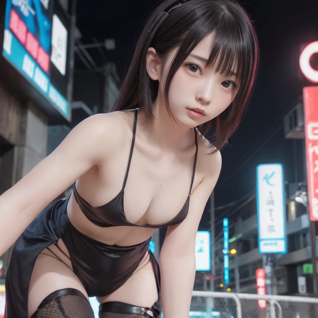 (((Beautiful girl small breasts))),, Portrait ung Woman ,sf, smile、Cute face,Long eyelashes,、(((A costume made of thin black belts))),、Complex background punk, , Futuristic, Post-apocalyptic, dark, 薄dark光, ((masterpiece, Highest quality, )),(((Nipples exposed through the gaps in her clothes))),,(((Small nipples))),(((Small areola))),(((Nipple details))),The neon-lit streets of a cyberpunk metropolis, Ignoring the boundaries between reality and technology、Sweaty、(((Stand upright)))