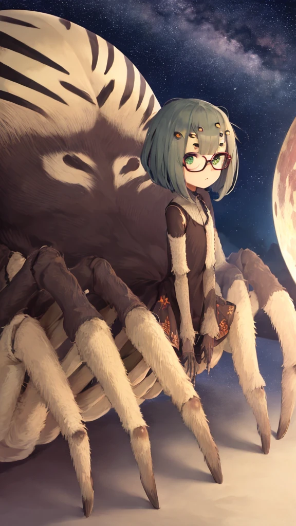 ((best quality)), ((highly detailed)), absurdres, detailed face, beautiful face, (detailed eyes, deep eyes), (1girl), (glasses), reflection, upper body, arachnecpt, (arachne), black hair, straight hair, blunt bangs, silky hair, green eyes, extra eyes, arthropod girl, arthropod limbs, spider, hips, skirt, (outside, on a stairway, night, night sky, stars, multiple moons, telescope), monster girl