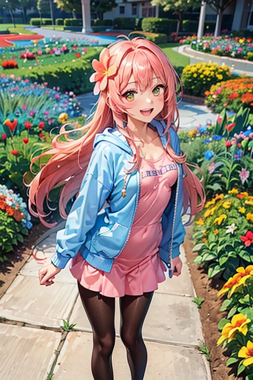 best quality, (masterpiece:1.3), absurdres, highres,16k, ultra high res, official art, illustration,extremely detailed, 1girl, solo, full body, 20yo, 
delicate lines tailed face, (long hair1.2), (straight hair1.8), (beautiful (coral pink) hair:1.2), (shiny hair:1.2), (beautiful (gold) eyes:1.2), (shiny eyes:1.2), (small breasts), (gleaming skin:1.4),
looking at viewer, (cowboy shot:1.5)
standing, laugh with open mouth,
((light blue) hoodie:1.2), miniskirt, (black pantyhose)
(((flower garden:1.5))), wind, (many petals flutter:1.5)

