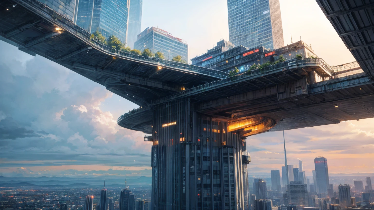 (Best quality,4K,8K,A high resolution,Masterpiece:1.2),Ultra-detailed,(Realistic,Photorealistic,photo-realistic:1.37),Futuristic floating city,Futuristic technology,Huge urban high-tech tablet platform,Airship,Floating in the sky,Futuristic city,Small airships around,High-tech hemispherical platform,Colorful lights,Advanced architecture,modernn architecture,skyscrapper,Access the cloud,Scenic beauty,view over city,Impressive design,Blend seamlessly with nature,energetic and vibrant atmosphere,Futuristic transportation system,Parking is suspended,Transparent path,Lush greenery,Sky gardens,cascading waterfalls,Magnificent skyline,reflections on the water,Sparkling river,Architectural innovation,futuristic skyscrapers,Transparent dome,The shape of the building is unusual,Elevated walkway,Impressive skyline,Glowing lights,Futuristic technology,Minimalist design,Scenic spots,Panoramic view,Cloud Piercing Tower,Vibrant colors,epic sunrise,epic sunset,Dazzling light display,magical ambiance,The future city,Urban Utopia,LuxuryLifestyle,Innovative energy,sustainable development,Smart city technology,Advanced infrastructure,Tranquil atmosphere,Nature and technology live in harmony,Awesome cityscape,Unprecedented urban planning,Architecture connects seamlessly with nature,High-tech metropolis,A cutting-edge engineering marvel,The future of urban living,Visionary architectural concept,Energy-efficient buildings,Harmony with the environment,A city floating above the clouds,Utopian dreams become reality,The possibilities are endless,State-of-the-art transportation network,Green energy integration,Innovative materials,Impressive holographic display,Advanced communication system,Breathtaking aerial view,Quiet and peaceful environment,Modernist aesthetics,Ethereal beauty