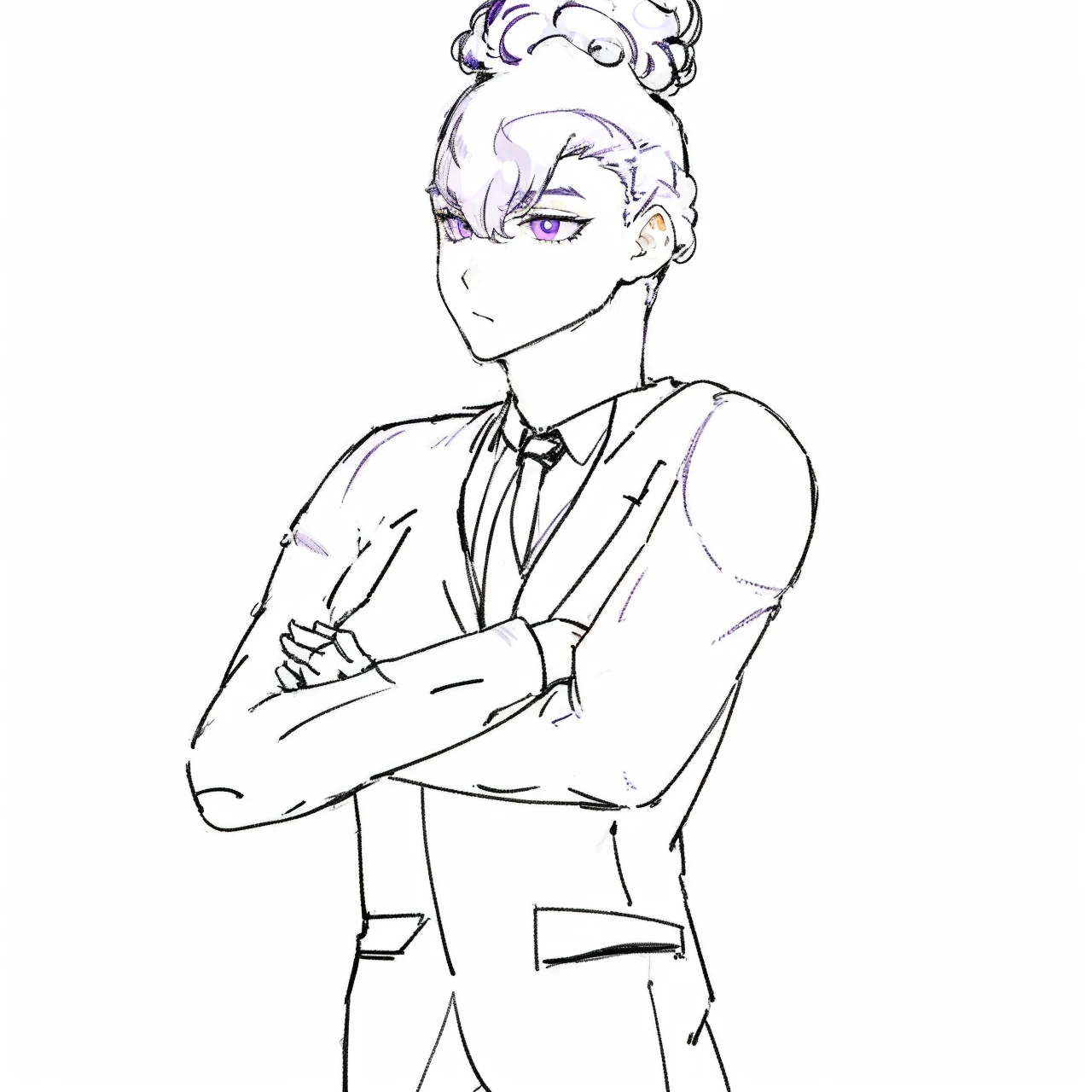 Man in a suit with purple hair and light purple eyes and with curly, elegantly parted hair,Make and paint