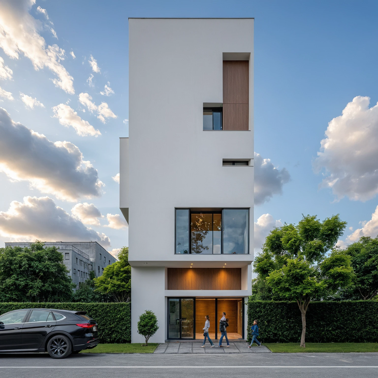 Masterpiece, high quality, best quality, authentic, super detail, outdoors, onestoreyvillaXL, aiaigroup, house style modern on the street ,stairs, white wall ,road,pavement, grass, trees, sky, cloud, (daylight:1.1)