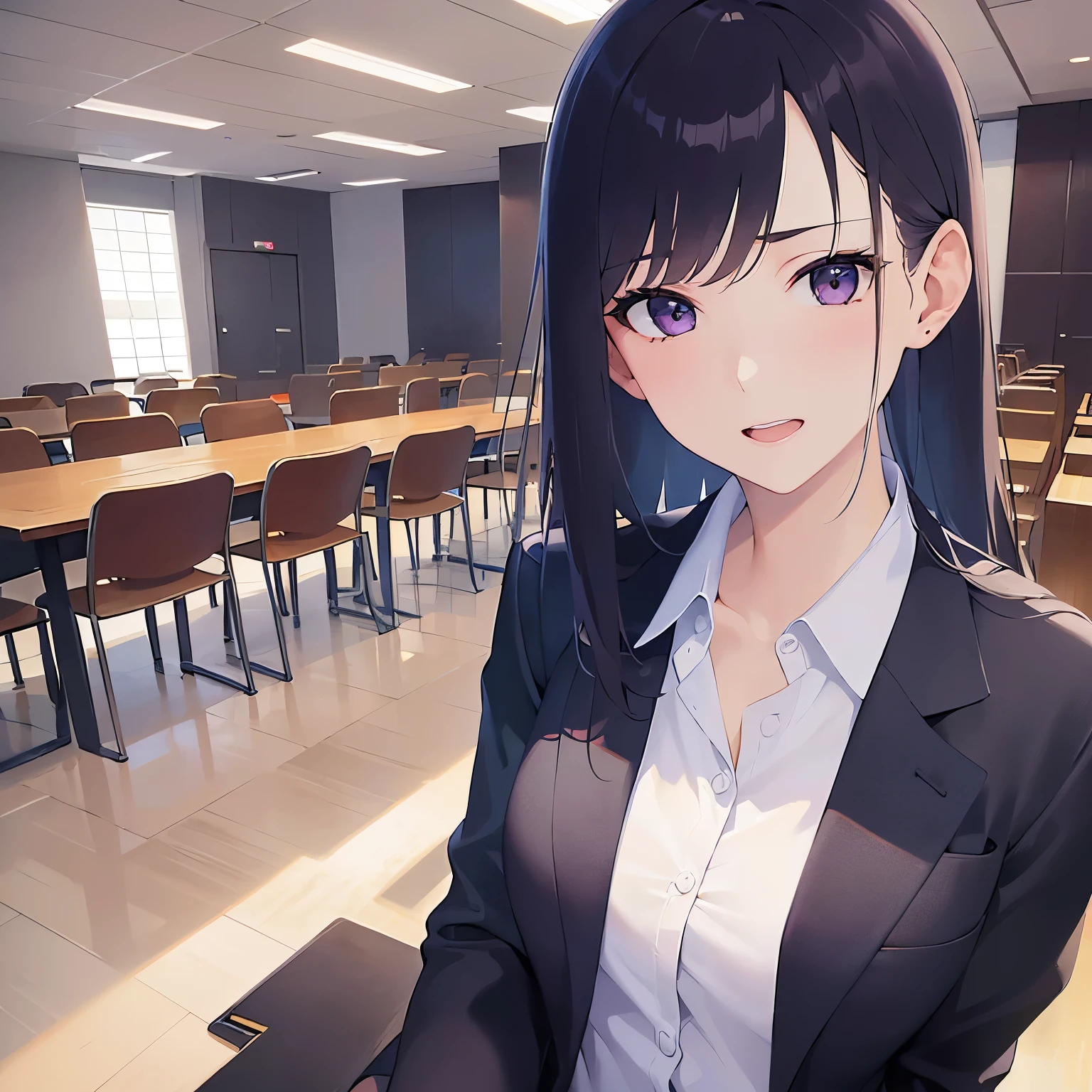 (looking away:1.5), side angle, Upper Body, Realistic, real person, (pale skin: 1.2), RAW photo, photorealistic, shiny skin, shiny hair、(A 25-year-old woman with straight hair and bangs) and (medium hair) and (black hair) and (purple eyes) , (business suit:1.5) and (white collared shirt)、smile, open mouth, The background is the conference room、Alone、Sitting