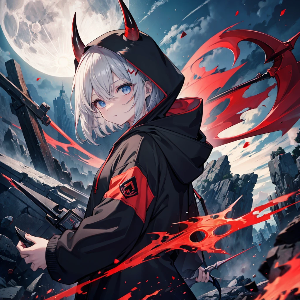 (((((grim Reaper、Horn、Sickle　hoodie、Black and Red、Wearing a hood)))))　((((Gray Hair、short hair　blue eyes　A tense look　girl、Center close-up))))，(((night、full moon)))，(Shining Background　Shining Edges)