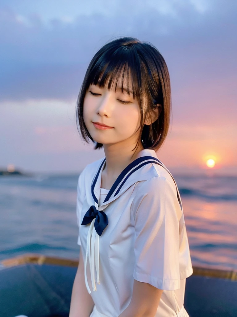 One girl, alone, Black Hair,  Japanese girl, View your viewers, bangs, short hair,  White dress, Summer sea sunset background, white sailor color, hair, Mouth closed, shirt, Ponytail Hair,photograph, Thin legs,whole body