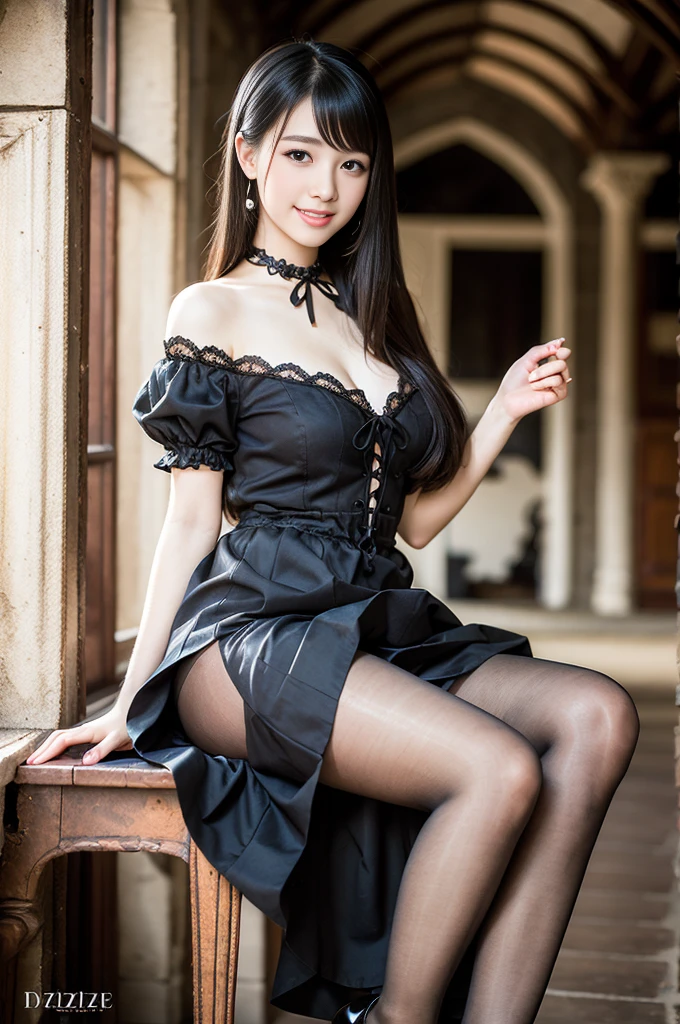 (Only one person), Pure Japanese young girl, wearing white color gothic ta style dress and accessories, pantyhose, classical high heels, vivid makeup and lips, thick eyebrows, arranged hair styles, sweet smile, sitting in antique gothic style interior, soft sunlight, summer atmosphere, dazzle me, professional photography,