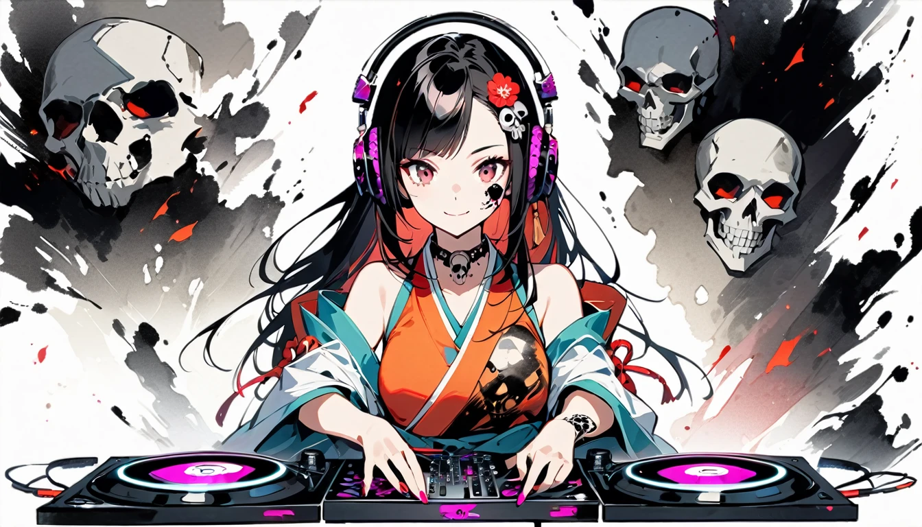 (((Ink Painting))), (((1 girl))), (((Skull tattoo on face))), (((Gorgeous hair accessories))), Japanese style headphones, (((dj))), Japanese Beauty, devil, Black Hair, smile