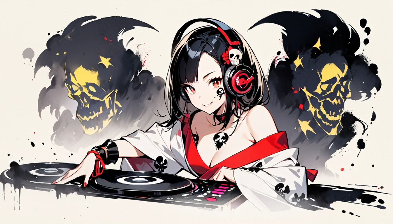 (((Ink Painting))), (((1 girl))), (((Skull tattoo on face))), (((Gorgeous hair accessories))), Japanese style headphones, (((dj))), Japanese Beauty, devil, Black Hair, smile