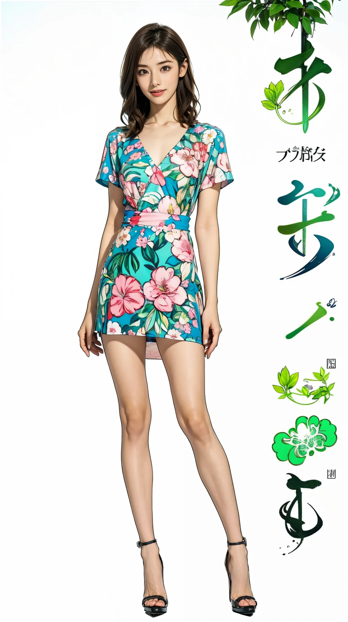 ((masterpiece)),(((Highest quality))),Character design sheet:1.5,Long legs,Slender figure:1.5,whole body:1.5,(One Girl:1.3),(Viewer Display:1.4),The best smile:1.5,(Pointy high heels:1.3),(Stand with legs apart:1.2),(Wearing a floral and plant print mini dress:1.2), Curly Hair:1.5,High waist:1.5,