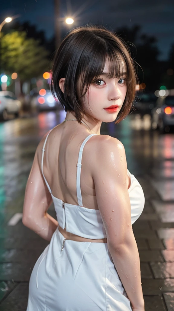 1 Girl, Beautiful, Baby Face, 20 Years Old, White Skin, Large Saggy Breasts, Cleavage, (()), (Transculent), ((muscles:1.1)), (()), Sexy Look, Girly Pose, Grey Hair Bangs, short bob haircut, ((adorable:1.1)), ((masterpiece:1.1)), Cute Face,1girl,solo,long hair,Rough skin,from back,face focus,(looking at viewer:1.2),wet hair,dark,polaroid,(depth_of_field:1.5),rainy days,outdoors,street,hair between eyes,moody lighting,Tyndall effect,Cinematic Lighting,night,lamppost,lens flare,available light,rim light,glowing neon lights,curvy,Red silk dress,