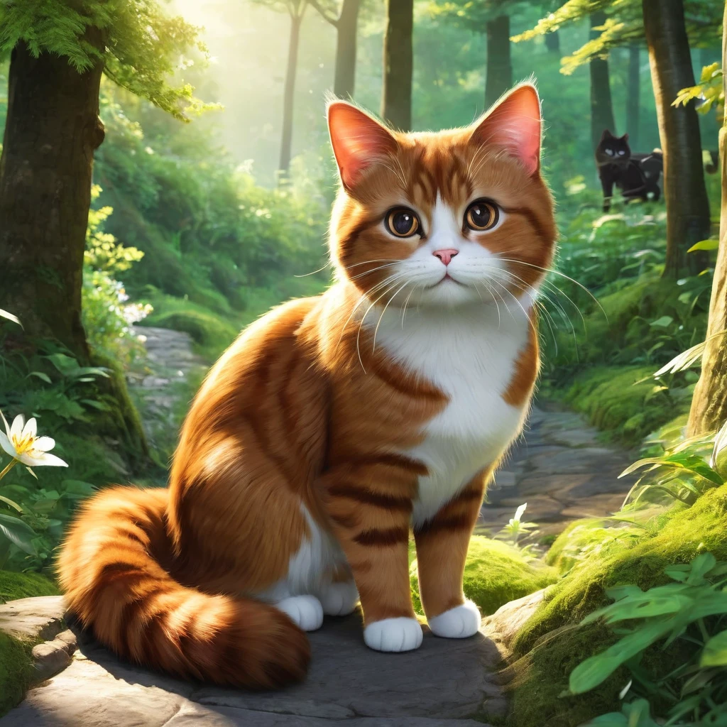 These scenes are depicted in a highly realistic style.、Make sure the cat's facial expressions and movements are exaggerated like a human's。
The main character is a brown cat with cute chubby eyes. The main character is one who never changes. Mimi, the brown cat, gazes out at the large forest that spreads out beyond the village.。Her eyes sparkle、Appearance of having a strong desire。A mysterious light shines into the entrance to the forest.、Attract Mimi's heart。