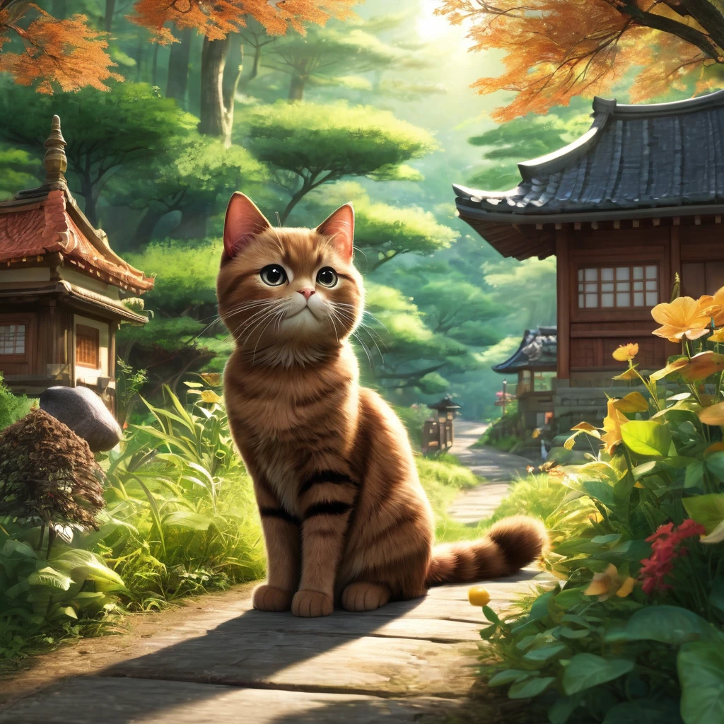 These scenes are depicted in a highly realistic style.、Make sure the cat's facial expressions and movements are exaggerated like a human's。
The main character is a brown cat with cute chubby eyes. The main character is one who never changes. Mimi, the brown cat, gazes out at the large forest that spreads out beyond the village.。Her eyes sparkle、Appearance of having a strong desire。A mysterious light shines into the entrance to the forest.、Attract Mimi's heart。
