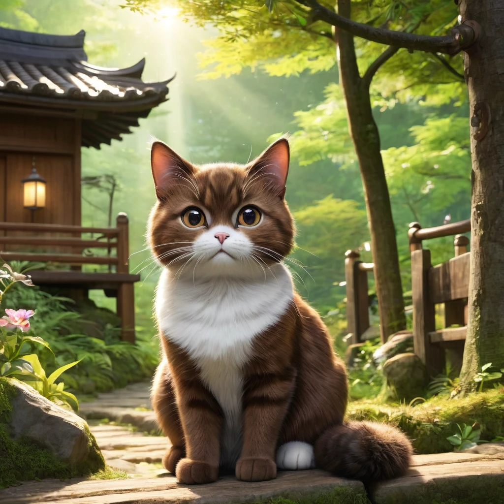 These scenes are depicted in a highly realistic style.、Make sure the cat's facial expressions and movements are exaggerated like a human's。
The main character is a brown cat with cute chubby eyes. The main character is one who never changes. Mimi, the brown cat, gazes out at the large forest that spreads out beyond the village.。Her eyes sparkle、Appearance of having a strong desire。A mysterious light shines into the entrance to the forest.、Attract Mimi's heart。