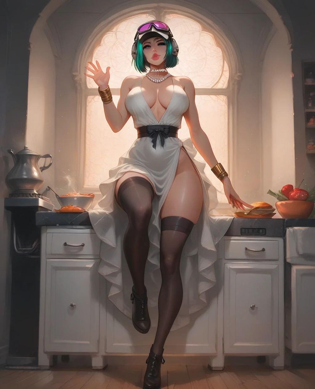 low angle, score_9. score_8_up, score_7_up, score_6_up, score_5_up, score_4_up, Ela, ela elite \(Rainbow Six Siege\),ela, ela \(Rainbow Six Siege\,
 1girl, milf, solo, pawg, leaning on a kitchen counter, wearing a white dress with blue details, cleavage, one hand is waving, looking at the viewer, one hand is holding the counter, long hair, big lips, kissing the air, lipstick, eye makeup, fit body, tight clothes, black stockings, full body view, one eye blinking, hearts, pearl necklace, single gold wristband, kitchen background, Italian kitchen, great lighting, sun shining through the window, medium , curvy ass, covered nipples, thick thighs, green eyes,
concept art, realistic,Expressiveh,csr style,easynegative