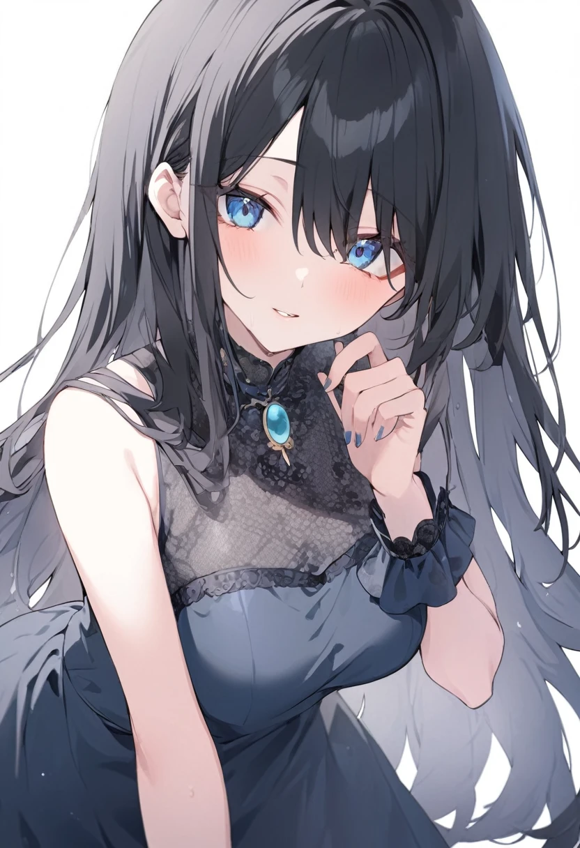 adult，girl，Long Hair，Black Hair，Blue eyeoon Dress，beautiful，Light blue brooch，