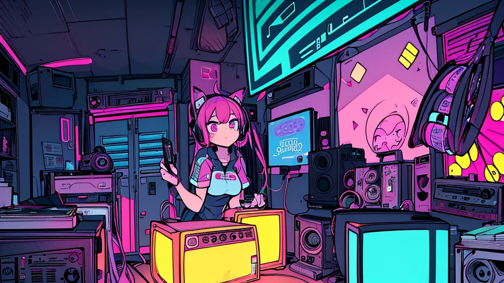 Best quality, (masterpiece), best detail face,1 girl, natural breasts, 18 yo, 8k,absurdres,unity 8k wall paper,(extremely detailed:1.3), highest realistic, (retro headphones:), (soft neon light:), (psychedelic), Her room full of music equipment and records, sports wear , See the whole room , dark yellow color pallet, pony tail hair