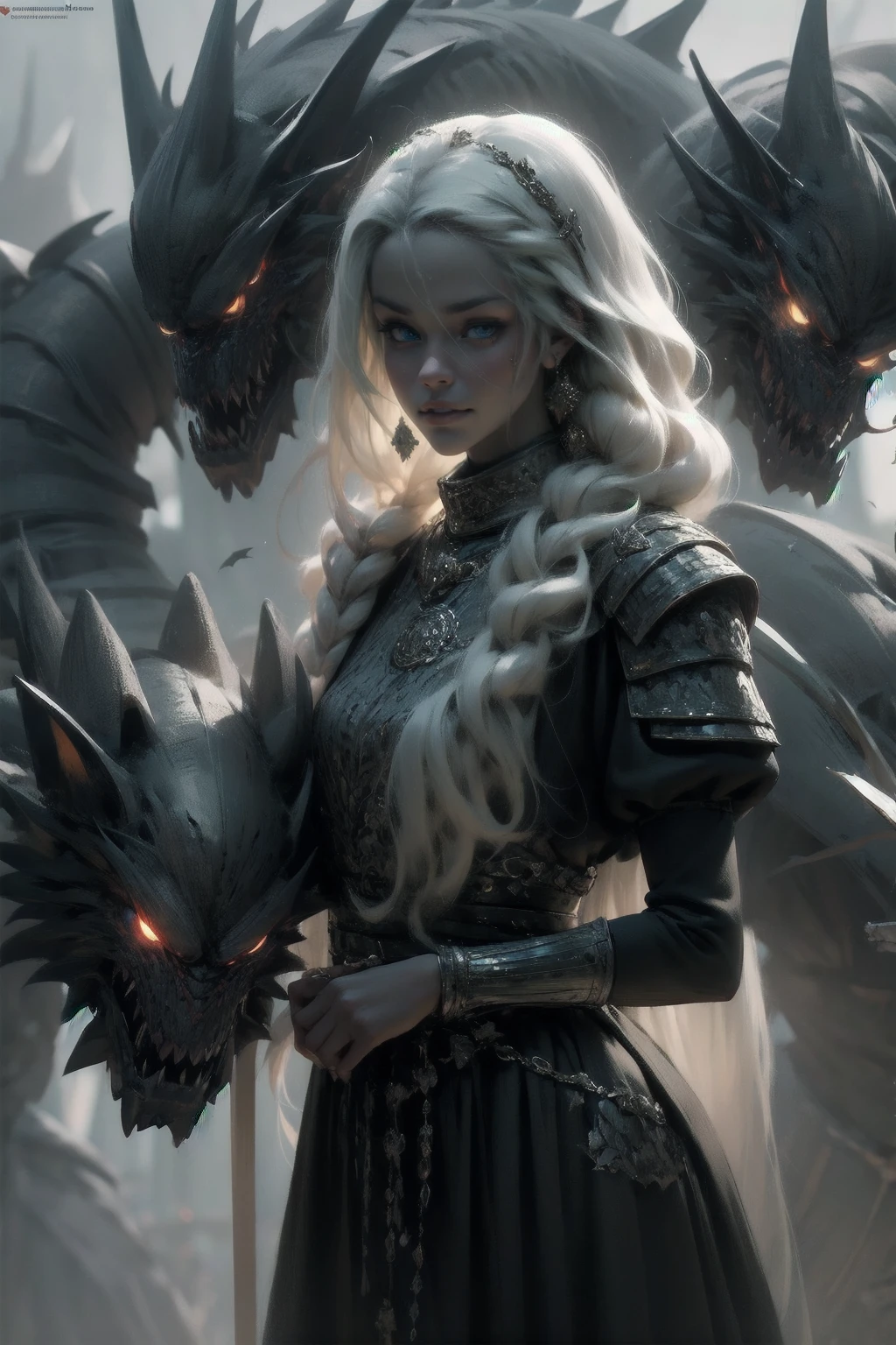 {-erro_de_anatomia:1.0} woman 30 years old, north,viking clothes, (nordic dress), dark castle, a woman (baela targaryen), black woman, (black skin) very long white curly hair (white hair), (blue eyes) . Indifferent look , merciless. among the dragons, dinamic poses, egoist smile, upper body, angry face,