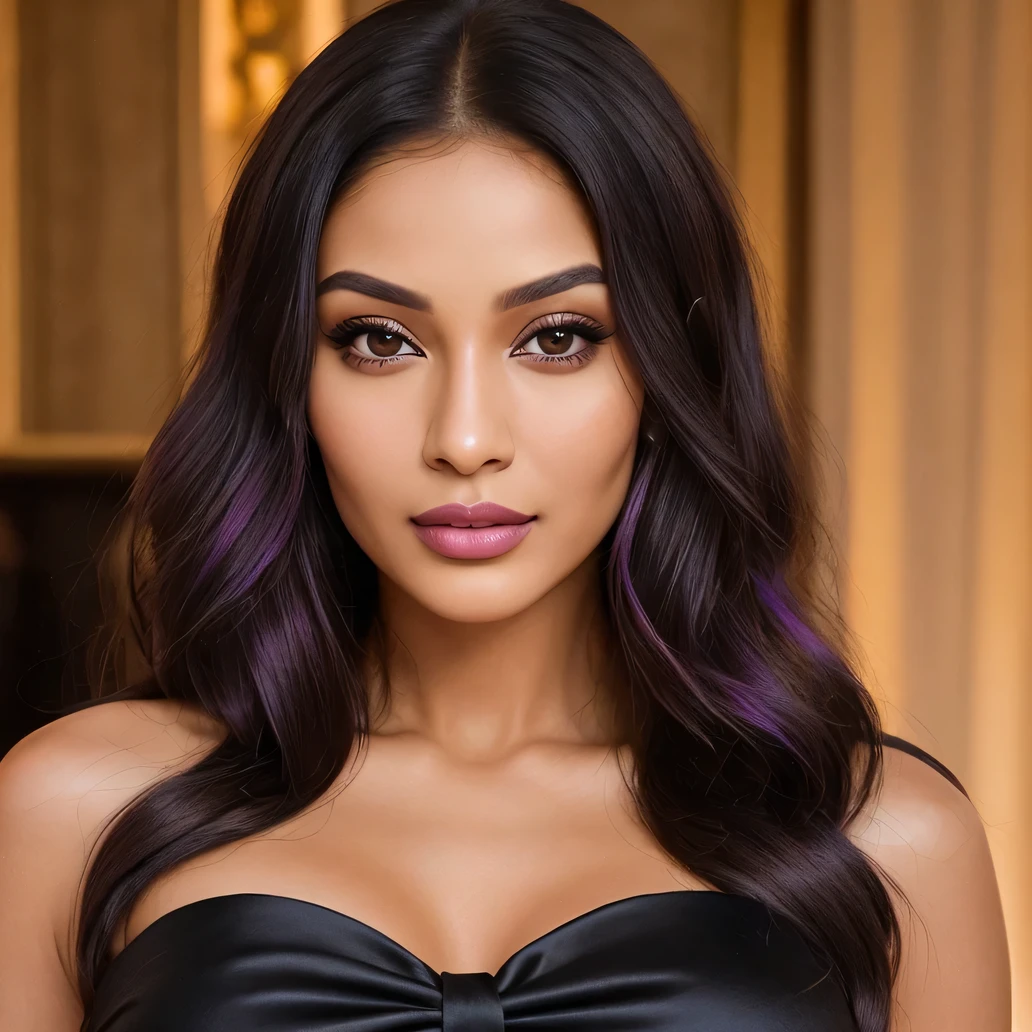 Here is the modified prompt:
Create an ultra-realistic image of a modern, attractive female influencer of Indian descent, aged between 27 to 30. She should have a warm and inviting smile, expressive almond-shaped eyes with a slight shimmer, and clear, glowing skin with a medium brown complexion. Her features should be well-defined, with high cheekbones and a sharp jawline. Her hair should be long, thick, and styled in an intricate updo with curls and volume, with a deep, reddish-purple hue that’s bold yet sophisticated. She should have a slender yet athletic build with a medium bust size (40-42 inches), reflecting a healthy and active lifestyle.
She is wearing a strapless dress, elegant and perfect for parties, in a deep red color. Her outfit is completed with stylish black heeled sandals that add elegance to her look. She accessorizes with subtle yet chic jewelry, such as small hoop earrings and a few thin bangles.
The background should be a vibrant nightclub or bar, with an energetic and lively setting featuring neon lights and modern decor, suggesting a cosmopolitan nightlife experience. Her overall appearance should exude confidence, approachability, and sophistication, capturing the essence of a contemporary Indian fashion influencer.