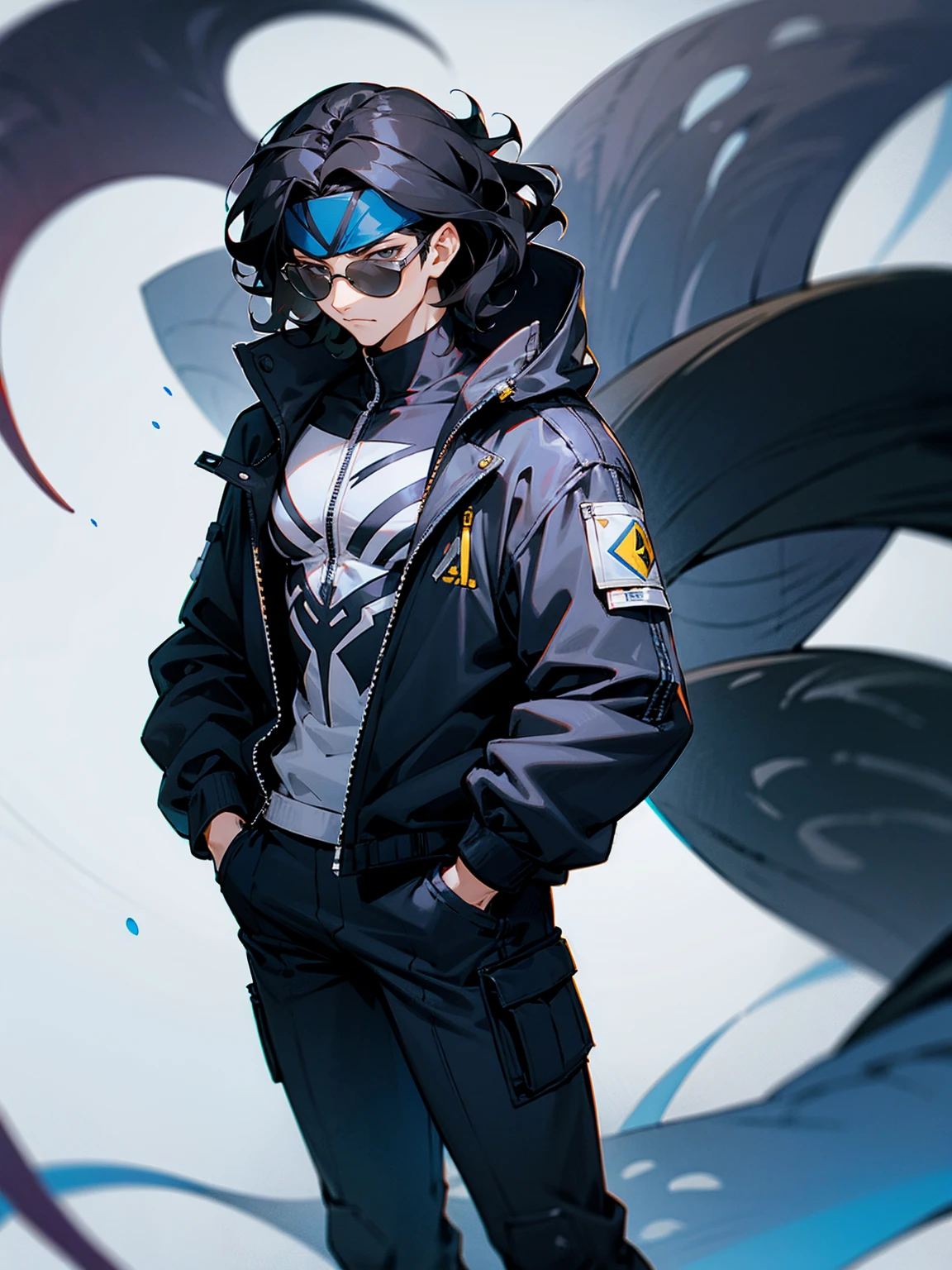 1male, adult, black hair, wavy hair, short hair, headband, lean build, venom super suit, sunglasses, confident, hands in pocket, lab