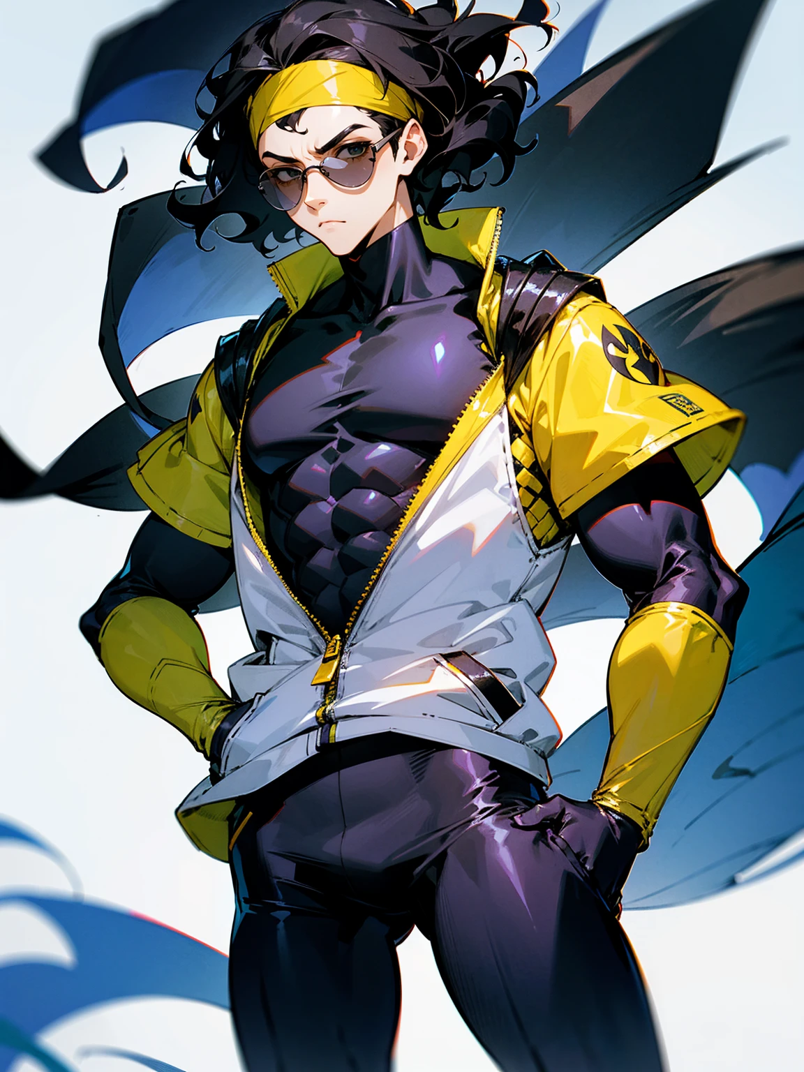 1male, adult, black hair, wavy hair, short hair, headband, lean build, venom super suit, sunglasses, confident, hands in pocket, lab