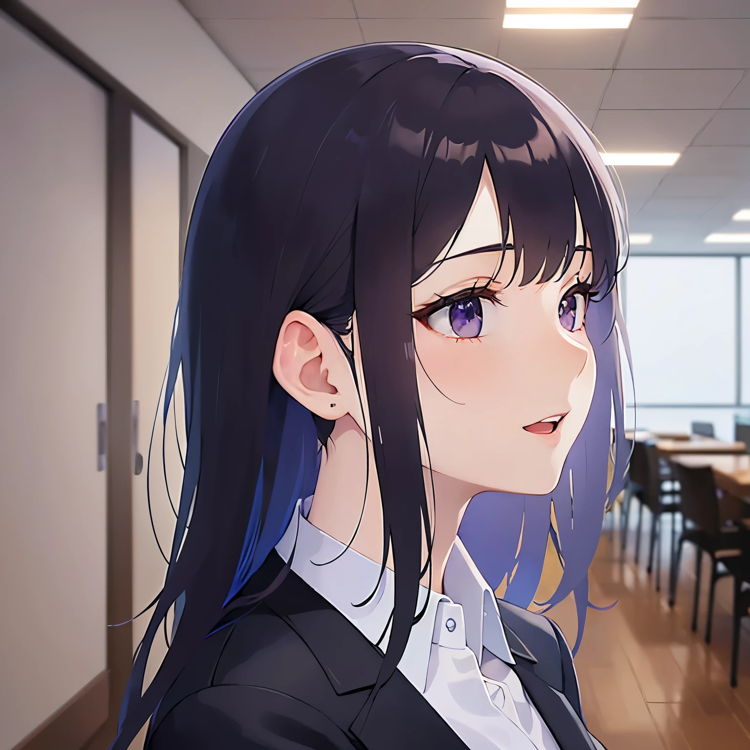 (looking away:1.5), side angle, Upper Body, Realistic, real person, (pale skin: 1.2), RAW photo, photorealistic, shiny skin, shiny hair、(A 25-year-old woman with straight hair and bangs) and (medium hair) and (black hair) and (purple eyes) , (business suit:1.5) and (white collared shirt)、smile, open mouth, The background is the conference room、Alone、Are standing@where.now
