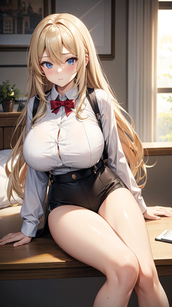 (highest quality: 1.2, Highly detailed, Latest, Vibrant, Super detail, Ultra-high resolution, High contrast, masterpiece: 1.2, highest quality, Best aesthetics, aya:0.9), alone, (1 woman), /( teacher/ ), (teacher), long hair, blonde hair, (red eyes: 1.3), long hair with brown highlights, thighs,  black skirt,white shirt,sexy, cleavage, painted nails,thighs with tights, glasses, classroom, shake hands welcome, pink lips, heels, sexy thigh, detailed leg, dynamic angle, random pause, highly detailed face and skin texture, cowboy shot,marin kitagawa,look from below,thongs,pantyhose,seductive smile,one leg stand on chair, smiling , one leg up, pussy eating thongs,red nails, large breasts ,pussy in pantyhose