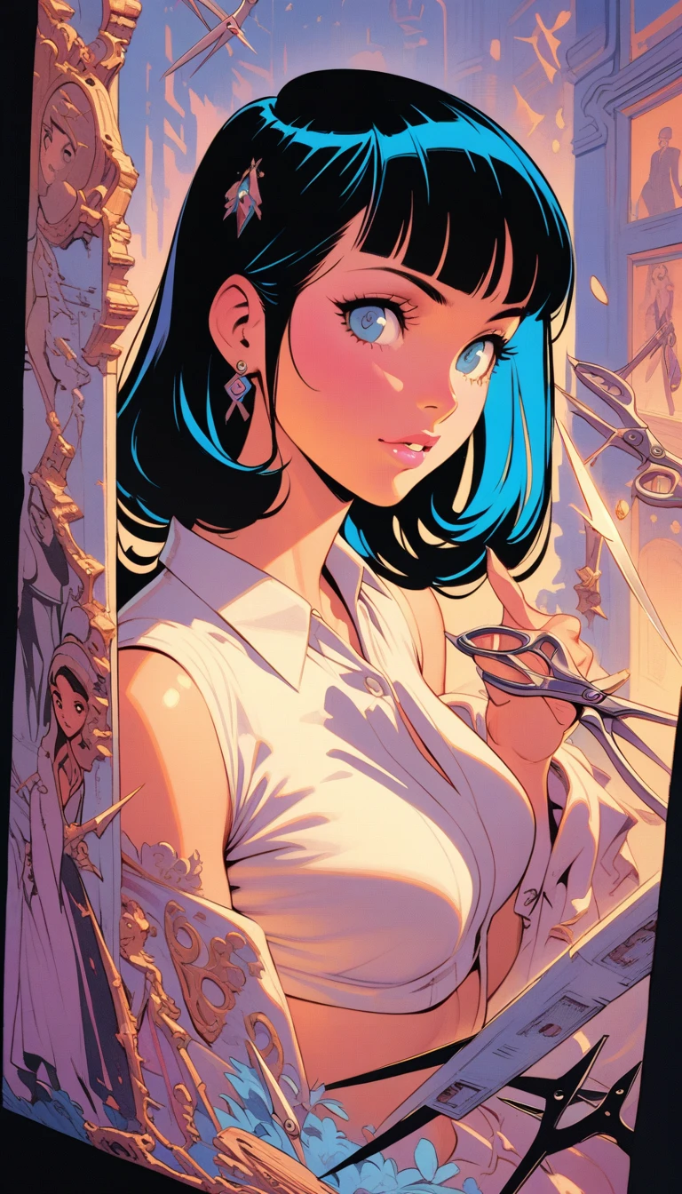 ((best quality)) , ((masterpiece)) , (detailed),illustration art by Dave Stevens and Lillian Bassman, Graceful (Man:1.2) , Multicolor hair styled as Caesar cut, Comic books, graphic novels, retro style, pin-up art, Fashion and art,elegant and sophisticated, innovative use of light and shadow, capturing the glamour of mid-20th century fashion, portrait art by Mary Cassatt, glossy, ambient, Complex, full color, fine artistic composition, enchanted,(((Lots of scissors)))