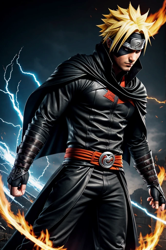 Naruto fused with Zarathos, in the style of Ezio Auditore, He would have blonde hair with standout strands and bright blue eyes.. His skin would be pale with dark marks like flames. I would wear a tight black suit with leather details, including a white cape and hood. He would wear a black band that covers his eyes, with an Omega symbol in the center, projecting an image of revenge and mystery.