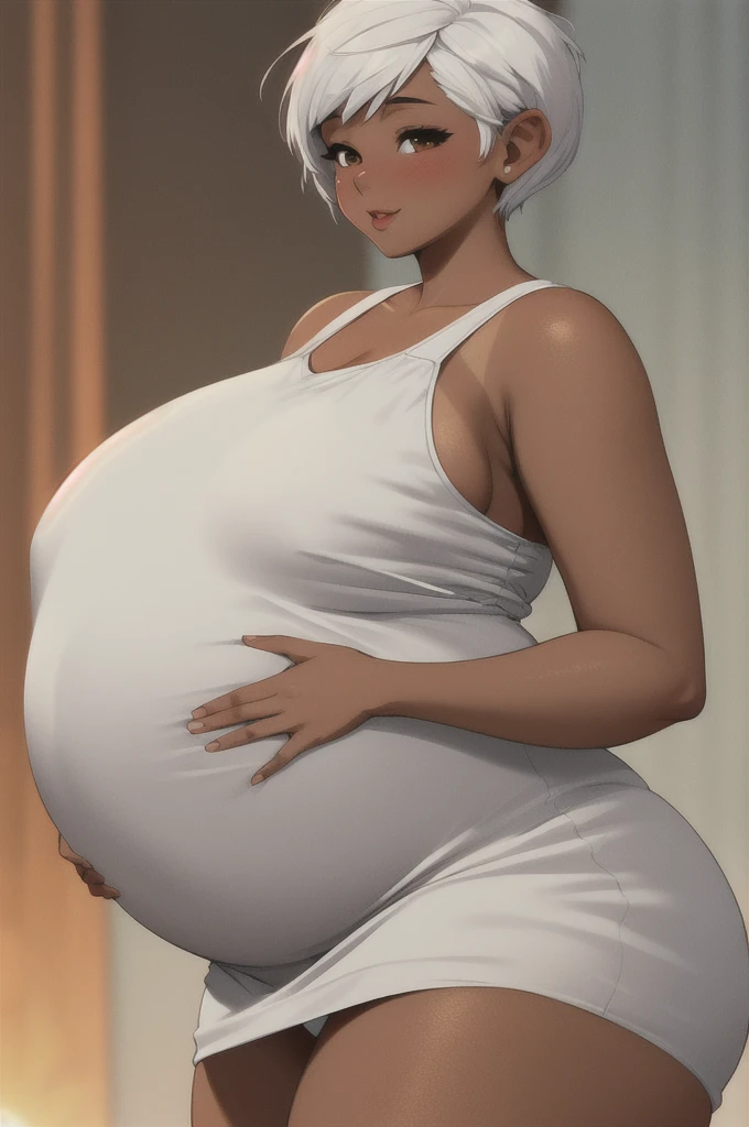 ((pregnant woman with a big belly)), ((white sun dress) ((solo)) ((curvy thigh1girl,tomboy (pixie cut),white hair, tan brown skin (masterpiece,mature,detailed, high quality),