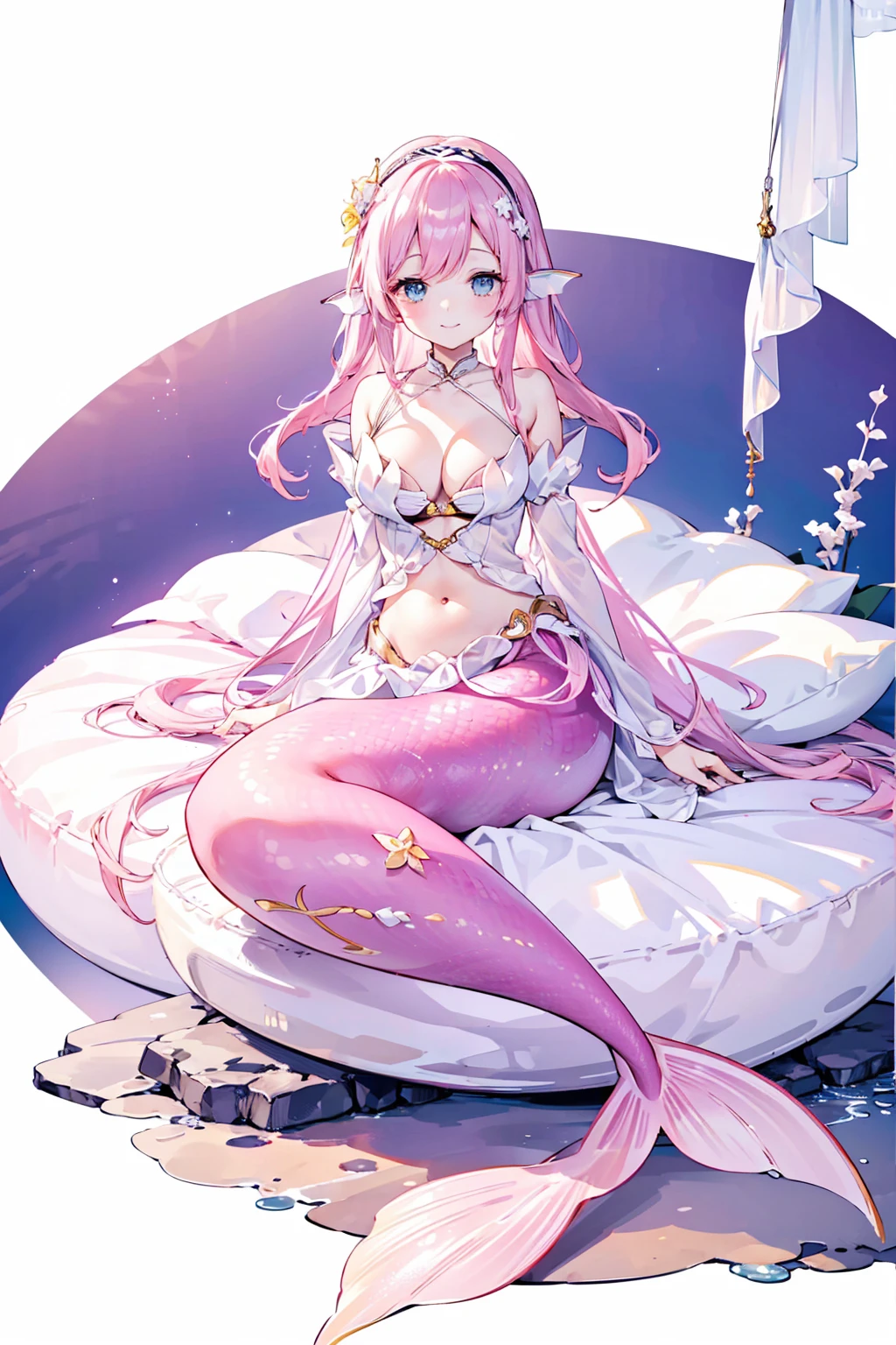 masterpiece, best quality,A girl,Pink hair,White Dress,blue eyes,Head fin,独奏,Large Breasts,Mermaid,粉色的Mermaid尾巴,full-body shot,White background,charming face(Kawaii, charming,Soft),Looking at the audience,Smile,Sitting