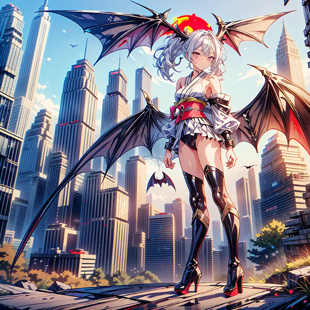 (masterpiece, Highest quality), (Perfect athletic body:1.2), (Fine hair), Very detailed, Anime Style, whole body, alone, Cyberpunk Batgirl, In Cyber Kimono, Big Wings, bat ears, White hair and brown skin, high boots, Standing in the Wilderness, High heel boots, 8K high resolution, White Background, whole body,
