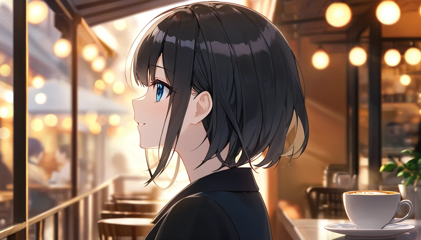 1girl、dark black hair、bob cut、beautiful blue eyes、grin、profile、upper body close-up、Morning café terrace、background bokeh, Depth of the bounds written