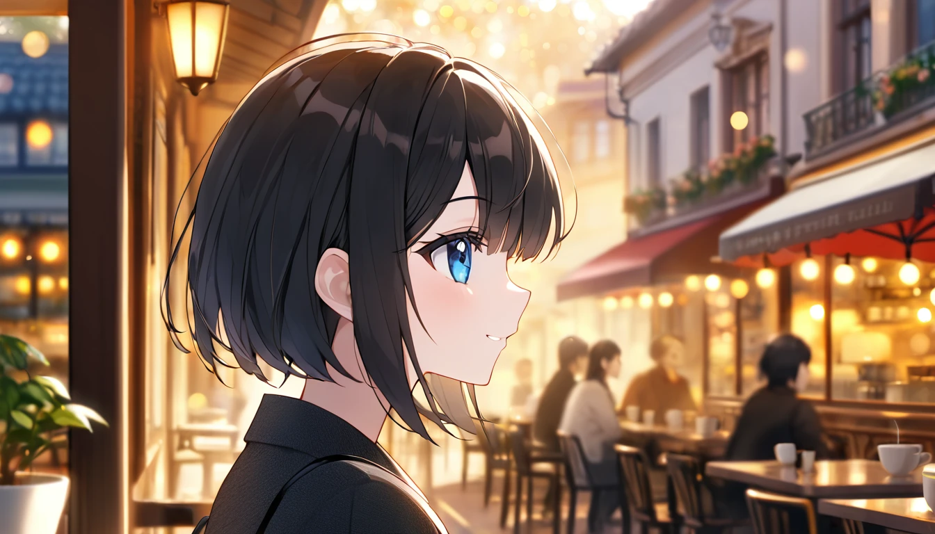 1girl、dark black hair、bob cut、beautiful blue eyes、grin、profile、upper body close-up、Morning café terrace、background bokeh, Depth of the bounds written