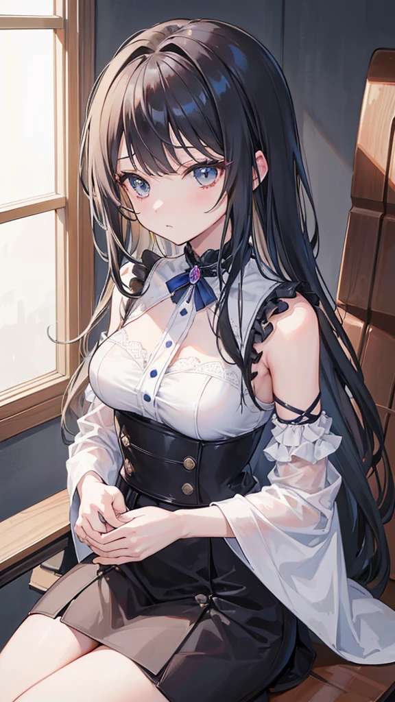 ((Highest quality)), ((masterpiece)), (detailed) Cowboy Shot, 黒髪Long Hair {{{slitの入ったロングスカート}}} Contemporary mature adult woman sitting in chair officeカジュアル{{{Slender female contemporary scholar}}}Exposing shoulders 深いslitの入った膝下スカート Long Hair {{{No sleeve}}}office {{{No sleeveボタンシャツ}}} belt slit watch Exposed arms