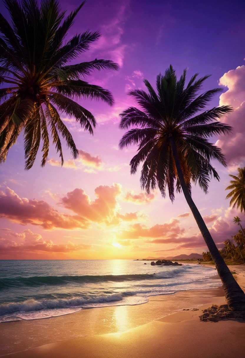 landscape of palm trees and beach, the sky together with the palm trees occupy 95%, purple sky with greater intensity 99% and 1% warm color, (only 5 palm trees, one larger 70% and the rest 30%) sunset Realism (masterpiece:1.2), (Best quality), 4k, ultra detailed, (dynamic composition:1.4), highly detailed, Colorful details, (iridescent colors:1.2), (bright lighting, atmospheric lighting), dreamy, magical, (only:1.2)