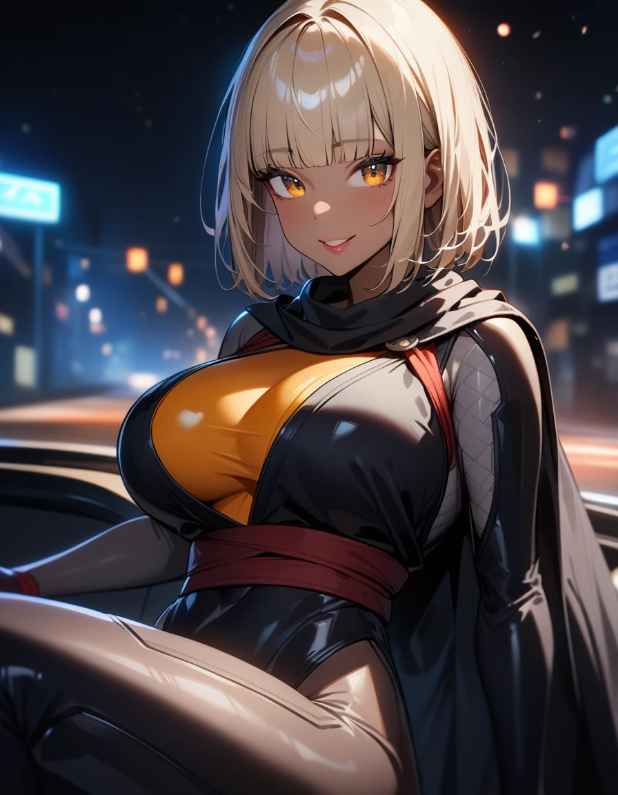 1girl,solo,super detailed skin,shiny skin,tanned skin,angelic smile,pale blonde hair,short hair,hime cut,blunt bangs,beautiful detailed eyes ,eyelashes,lips gloss ,large breasts,asymmetry body suit,Shinobi clothes,night road,sitting ,vehicle focus,masterpiece,best quality,ultra detailed,high resolution,sharp focus