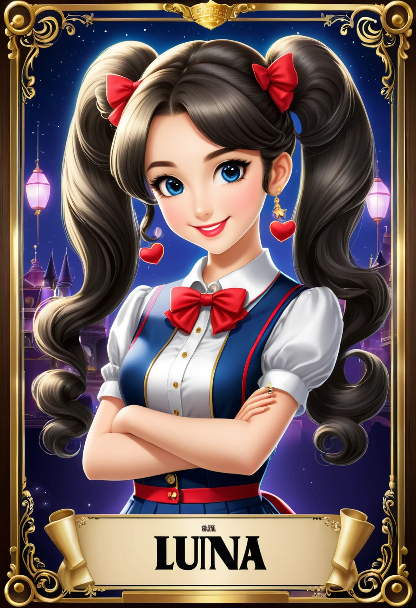 Create an illustration of a wanted poster for a 20-year-old girl named Luna, who works as a hostess. She has a charming idol-like look with twin tails, a cute smile, and is dressed in a fashionable outfit. The poster should highlight her cuteness and idol-like appeal.