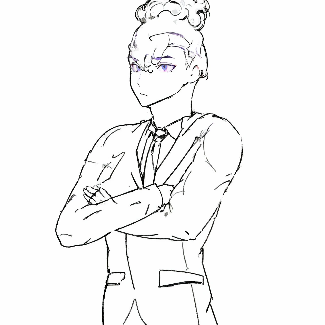 Man in a suit with purple hair and light purple eyes and with curly, elegantly parted hair,Make and paint, adjust the anatomy that is very crooked and ruin