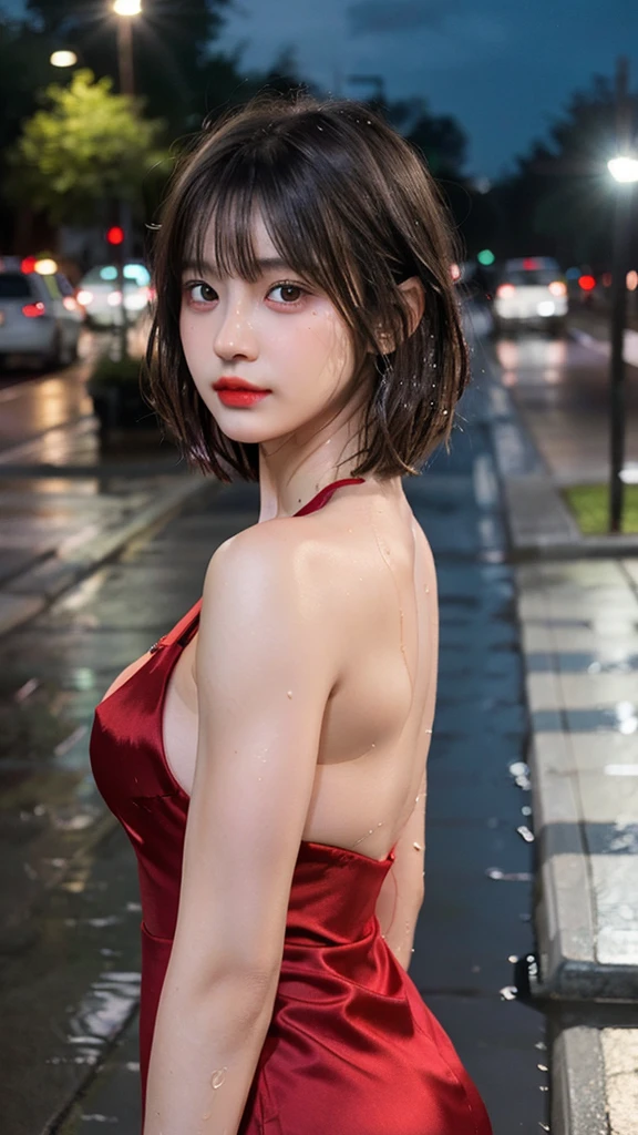 1 Girl, Beautiful, Baby Face, 20 Years Old, White Skin, Large Saggy Breasts, Cleavage, (()), (Transculent), ((muscles:1.1)), (()), Sexy Look, Girly Pose, Grey Hair Bangs, short bob haircut, ((adorable:1.1)), ((masterpiece:1.1)), Cute Face,1girl,solo,long hair,Rough skin,from back,face focus,(looking at viewer:1.2),wet hair,dark,polaroid,(depth_of_field:1.5),rainy days,outdoors,street,hair between eyes,moody lighting,Tyndall effect,Cinematic Lighting,night,lamppost,lens flare,available light,rim light,glowing neon lights,curvy,Red silk dress,