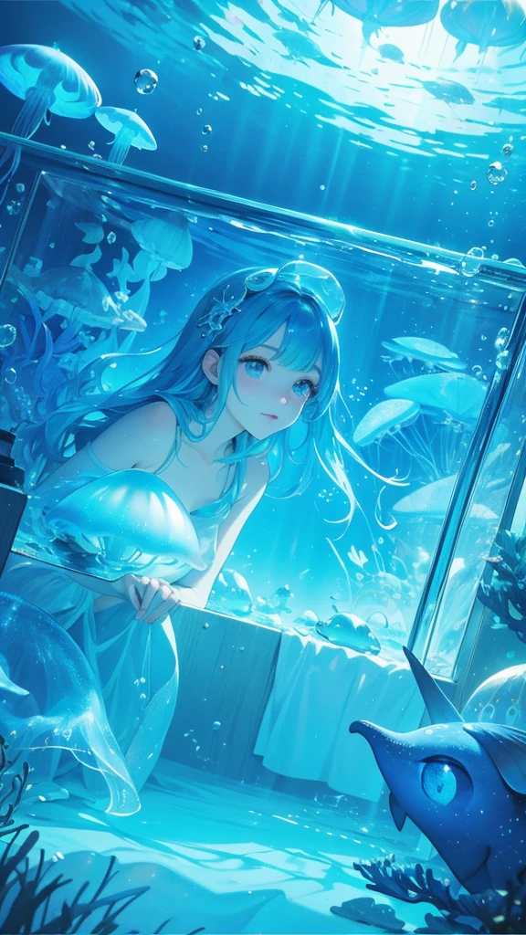 Room under the sea、From inside the room you can see mysterious jellyfish and other sea creatures.、The Underwater World、A room made of transparent materials、dim、The glow of the jellyfish creates a fantastical atmosphere、Fantasy、In the sea、Light shines in
