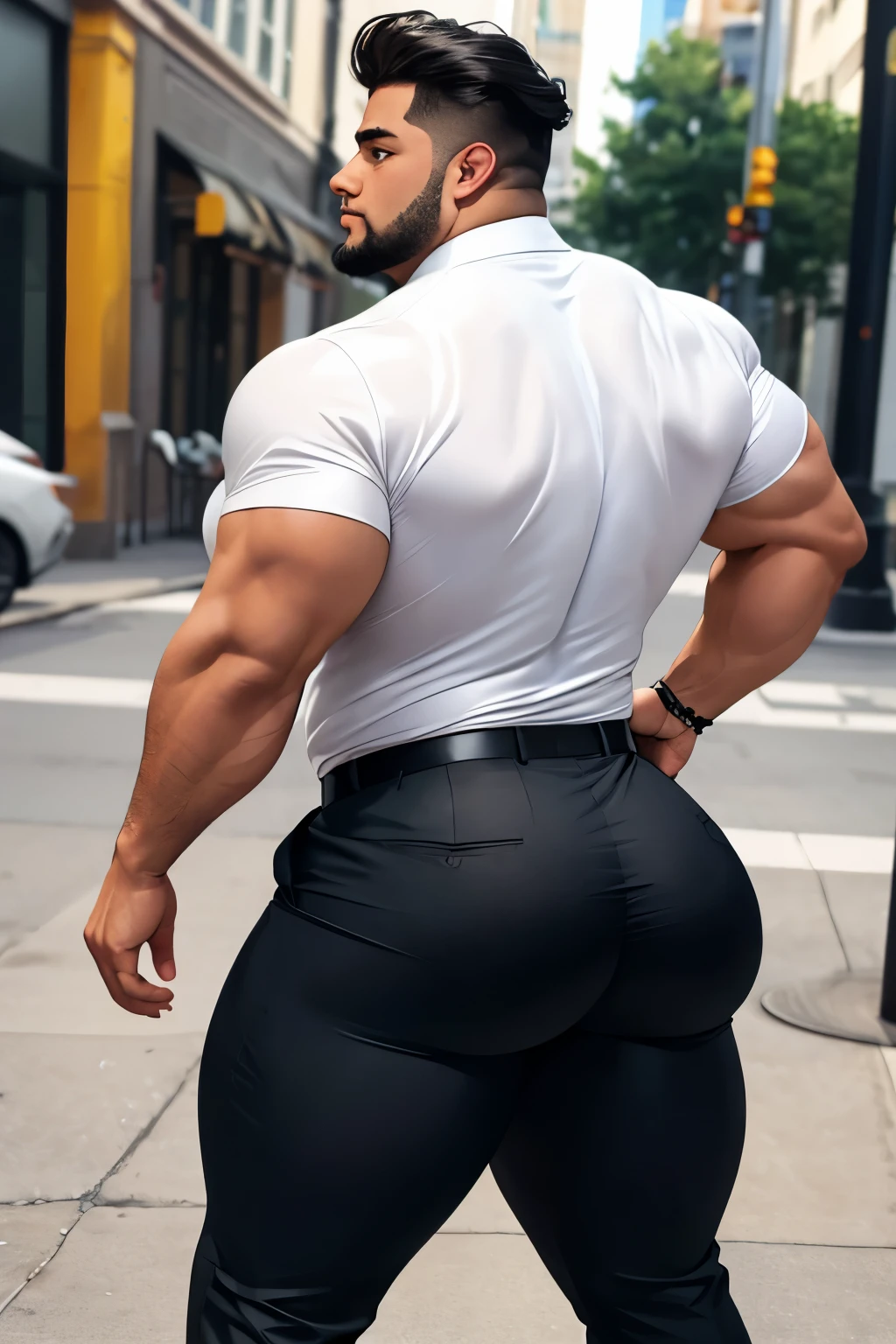 Ginger muscular man in a tuxedo, huge ass, comically massive ass, tight tuxedo pants, large boy booty, bubble butt, man bubble butt, thick, thicc, thick thighs, thick ass, athletic, fit, round ass, full ass, wide ass, tuxedo