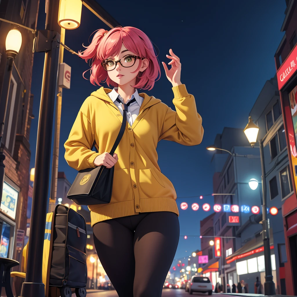 best quality, masterpiece, movie lighting, Wheels within wheels, cinematic detailed actual background, Detailed face, whole body, Small Breasts, actual, Clear lines, , , 1 girl jogging, city View, night, tie shirt, looking at the audience, Tattoo, Model pose, cardigan, Yellow circles under eyes, streetlight, lamp post, yoga pants, Colored hair, Glasses,, ,