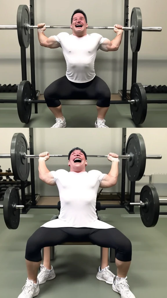 150kg bench press, 3 20kg plates and 5kg plates on the left and right sides of the shaft, conspiracy theorist, shaved head, Japanese man, bulging eyes, big mouth, laughing